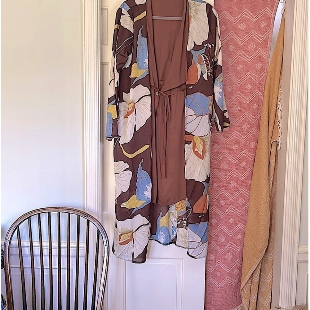 Kimono Floral Brown & Clay Orange Lightweight Wrap Transitional Resort Wear
